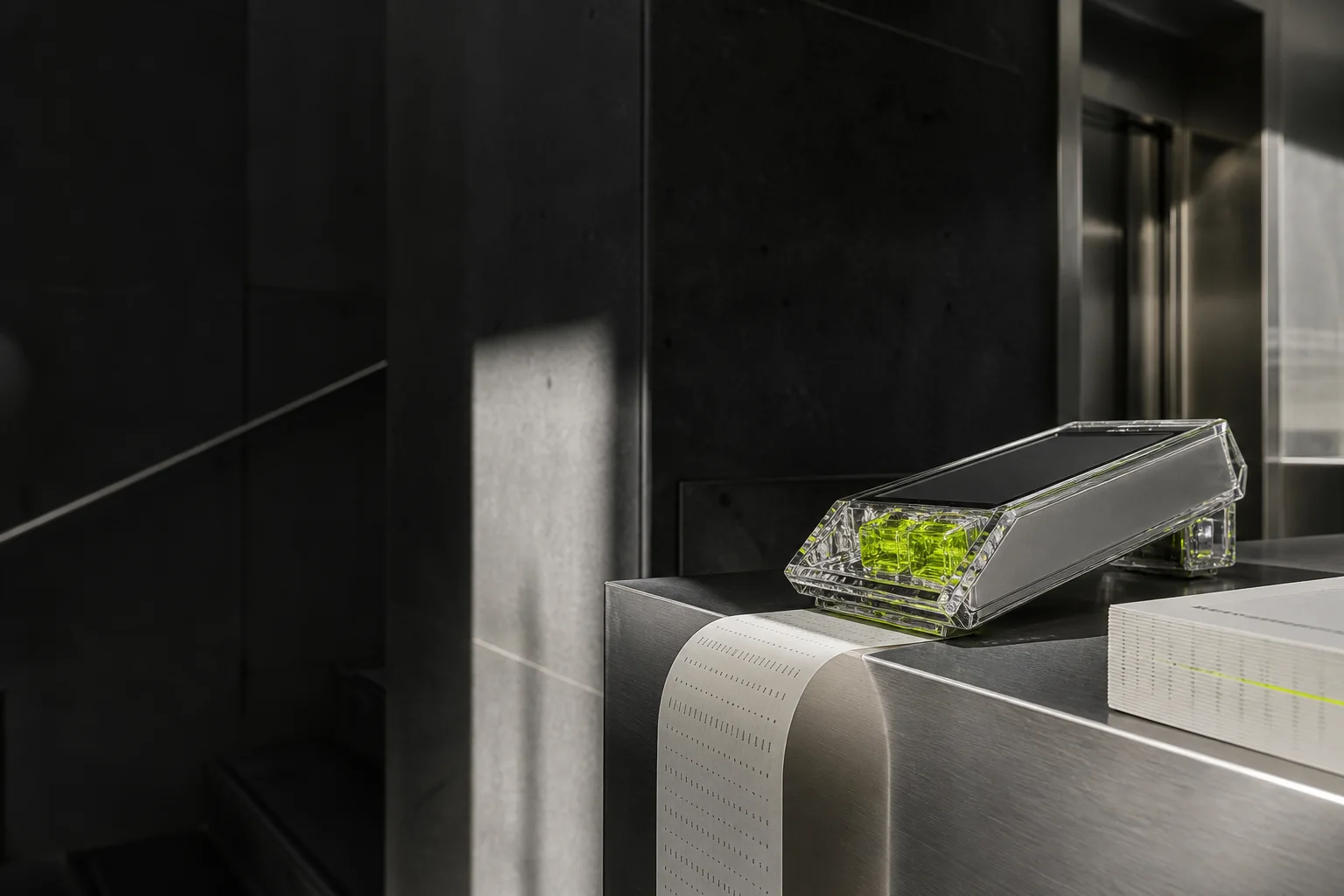 Sculptural payment terminal in a dark architectural interior